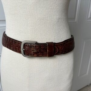 Vintage tooled leather belt silver buckle